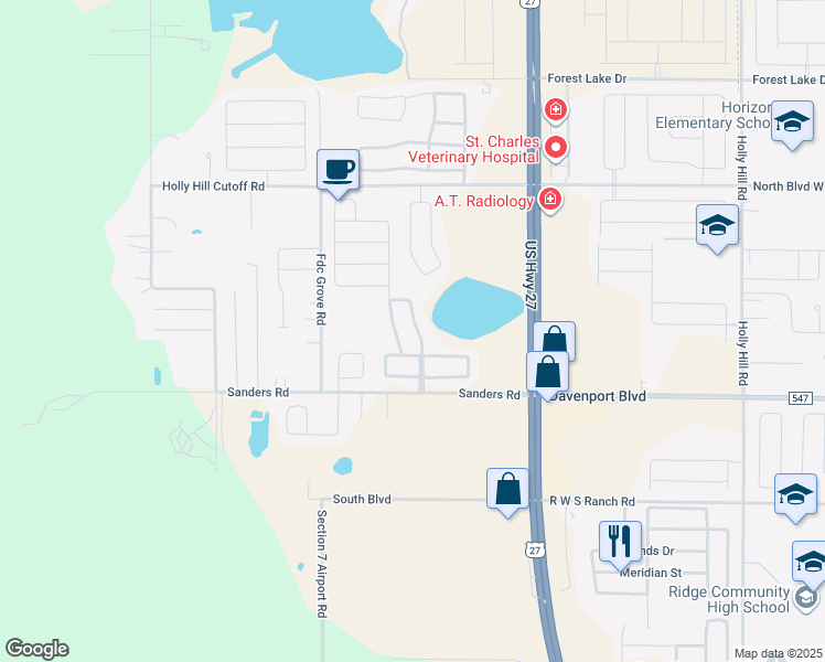 map of restaurants, bars, coffee shops, grocery stores, and more near 124 Jessamine Drive in Davenport