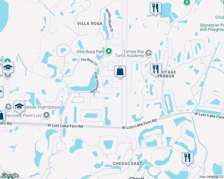 map of restaurants, bars, coffee shops, grocery stores, and more near 19216 Garden Quilt Circle in Lutz