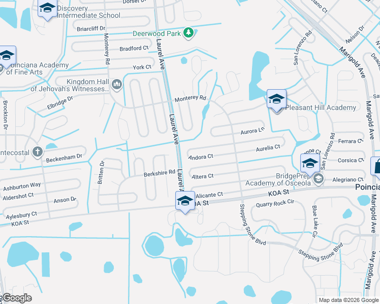 map of restaurants, bars, coffee shops, grocery stores, and more near 32 Andora Court in Kissimmee