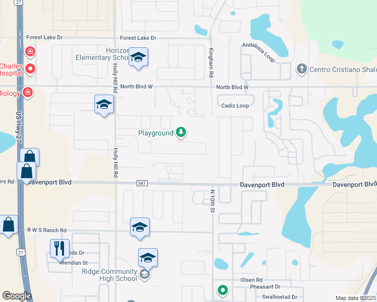 map of restaurants, bars, coffee shops, grocery stores, and more near 537 Sapphire Drive in Davenport
