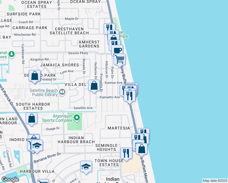 map of restaurants, bars, coffee shops, grocery stores, and more near 725 Palm Drive in Satellite Beach