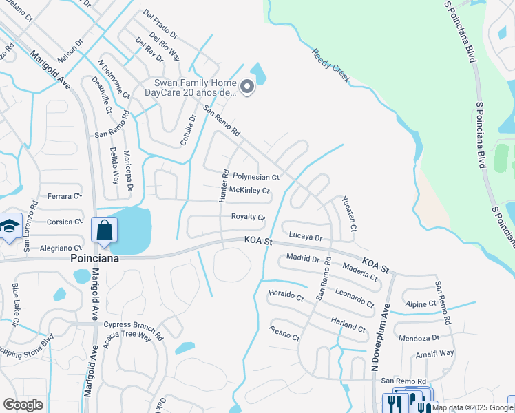 map of restaurants, bars, coffee shops, grocery stores, and more near 663 Royalty Court in Poinciana