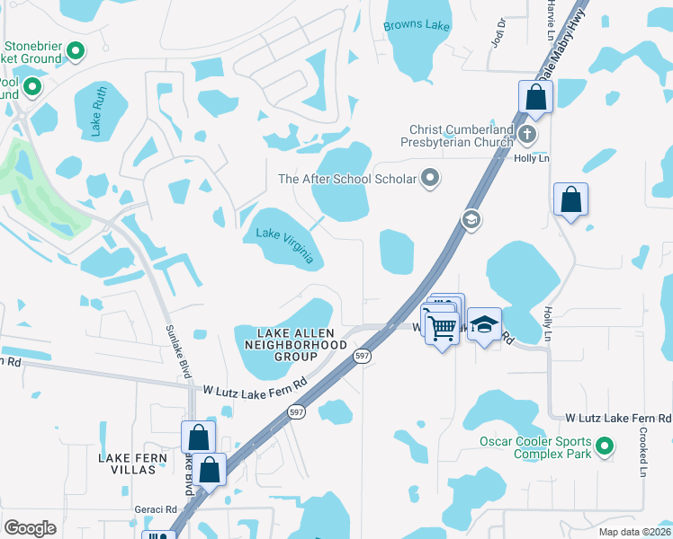 map of restaurants, bars, coffee shops, grocery stores, and more near 19210 Lake Allen Road in Lutz