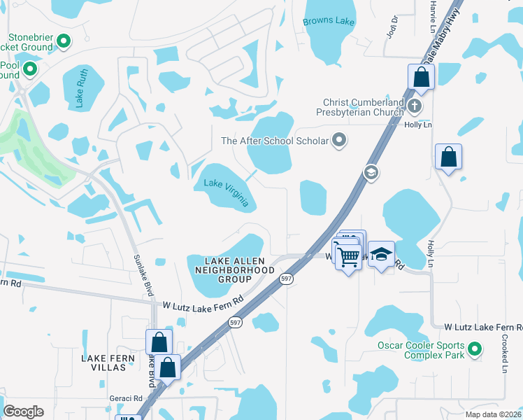 map of restaurants, bars, coffee shops, grocery stores, and more near 19238 Blount Road in Lutz