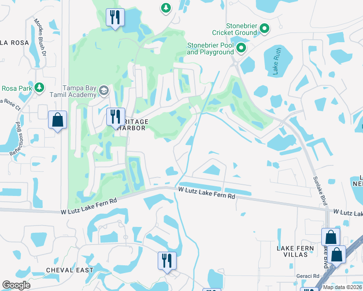 map of restaurants, bars, coffee shops, grocery stores, and more near 19234 Fishermans Bend Drive in Lutz