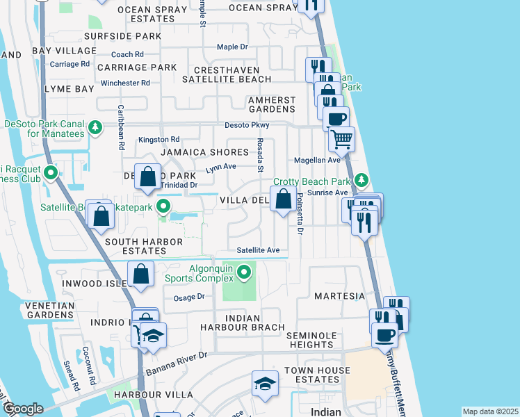 map of restaurants, bars, coffee shops, grocery stores, and more near Rosada Street in Satellite Beach
