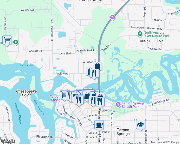 map of restaurants, bars, coffee shops, grocery stores, and more near 50 Anclote Road in Tarpon Springs