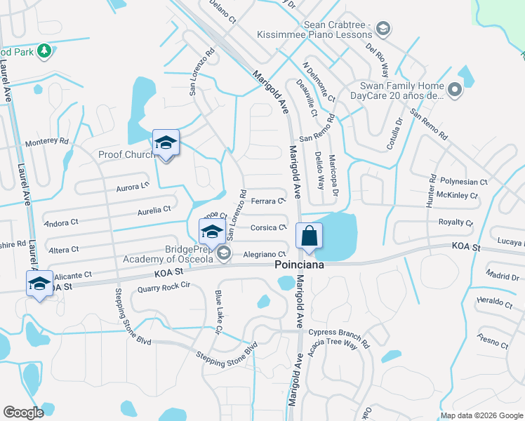 map of restaurants, bars, coffee shops, grocery stores, and more near 336 Ferrara Court in Kissimmee
