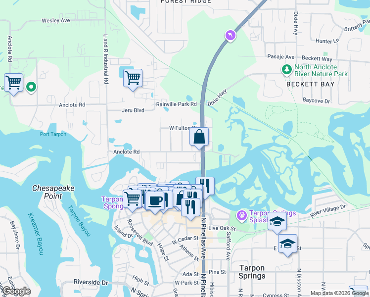 map of restaurants, bars, coffee shops, grocery stores, and more near 50 Anclote Road in Tarpon Springs
