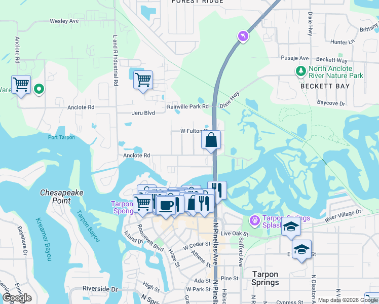 map of restaurants, bars, coffee shops, grocery stores, and more near 1252 Center Avenue in Tarpon Springs