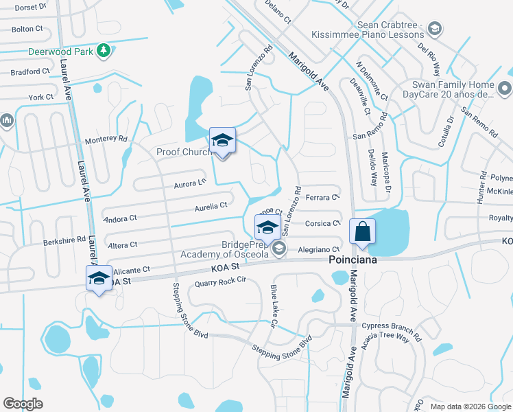 map of restaurants, bars, coffee shops, grocery stores, and more near 550 Nogales Court in Kissimmee