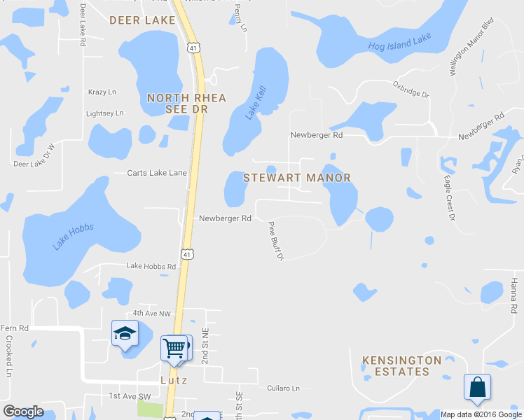 map of restaurants, bars, coffee shops, grocery stores, and more near 302 Pine Bluff Drive in Lutz