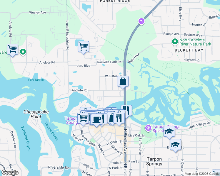 map of restaurants, bars, coffee shops, grocery stores, and more near 1252 Center Avenue in Tarpon Springs