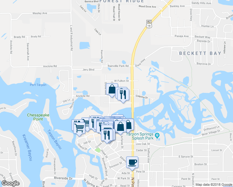 map of restaurants, bars, coffee shops, grocery stores, and more near 112 Anclote Road in Tarpon Springs