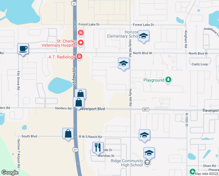 map of restaurants, bars, coffee shops, grocery stores, and more near 317 Holly Hill Road in Davenport