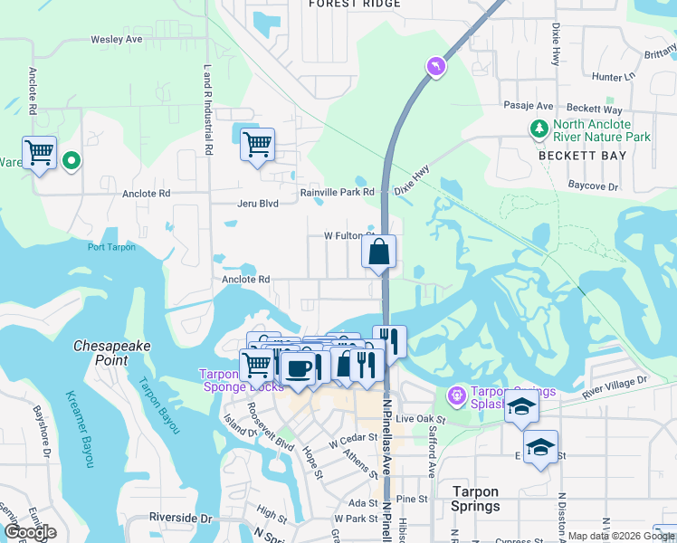 map of restaurants, bars, coffee shops, grocery stores, and more near 112 Anclote Road in Tarpon Springs