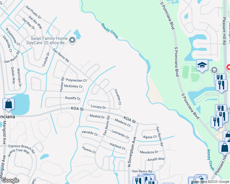 map of restaurants, bars, coffee shops, grocery stores, and more near 740 Yucatan Court in Kissimmee