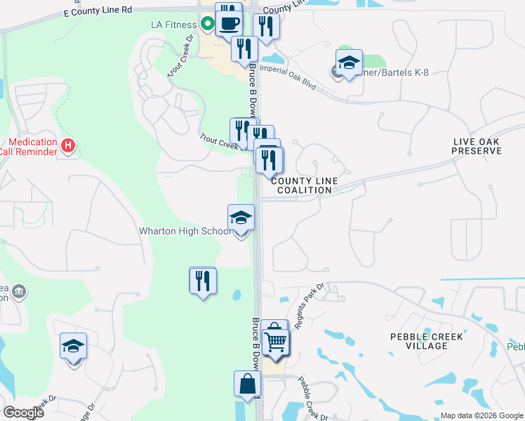 map of restaurants, bars, coffee shops, grocery stores, and more near 8971 Regents Park Drive in Tampa