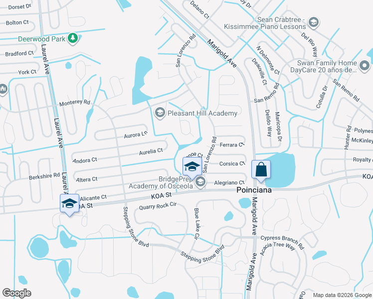 map of restaurants, bars, coffee shops, grocery stores, and more near 238 Genoa Court in Kissimmee