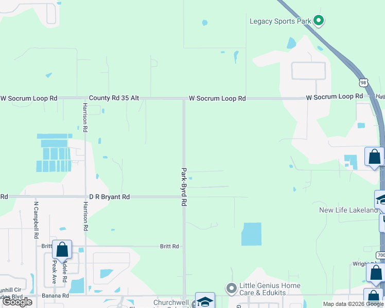 map of restaurants, bars, coffee shops, grocery stores, and more near 8841 Park-Byrd Road in Lakeland