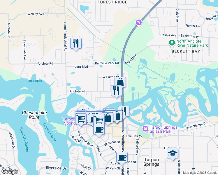 map of restaurants, bars, coffee shops, grocery stores, and more near 1252 Center Avenue in Tarpon Springs