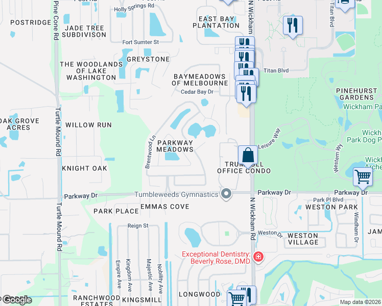 map of restaurants, bars, coffee shops, grocery stores, and more near 3472 Saddle Brook Drive in Melbourne