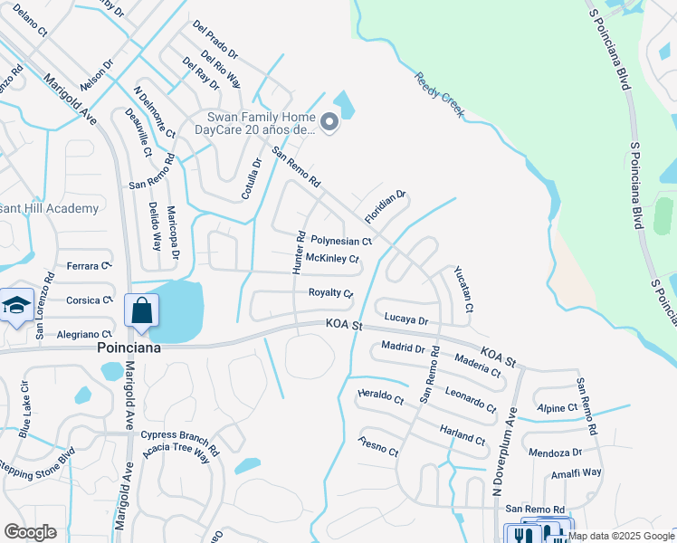 map of restaurants, bars, coffee shops, grocery stores, and more near 617 McKinley Court in Kissimmee