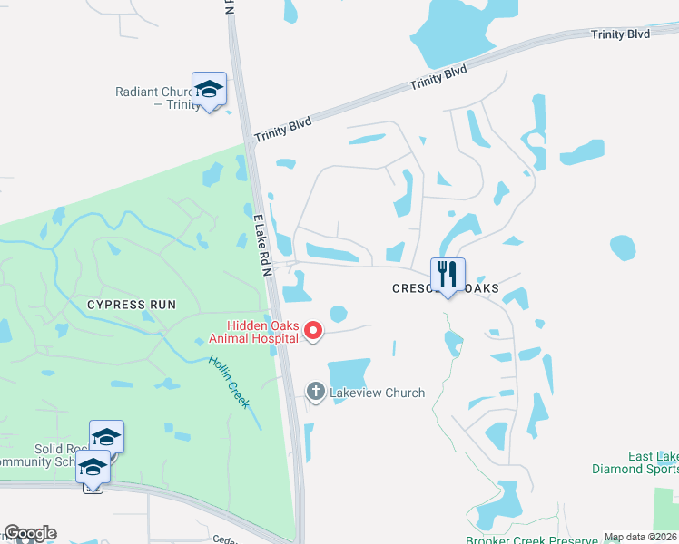 map of restaurants, bars, coffee shops, grocery stores, and more near 3160 Crescent Oaks Boulevard in Tarpon Springs
