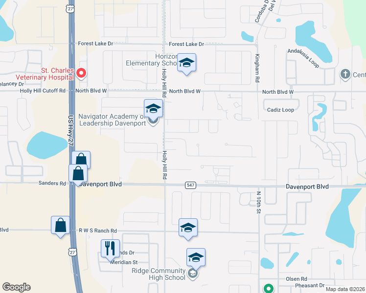 map of restaurants, bars, coffee shops, grocery stores, and more near 405 Sapphire Drive in Davenport