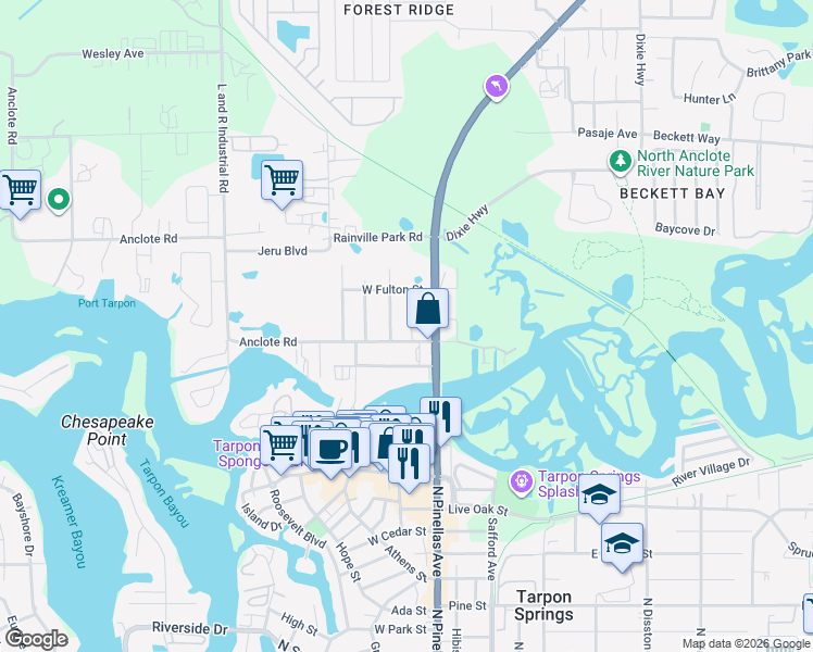 map of restaurants, bars, coffee shops, grocery stores, and more near 50 Anclote Road in Tarpon Springs