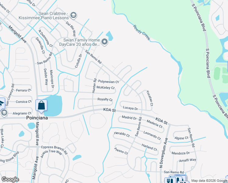 map of restaurants, bars, coffee shops, grocery stores, and more near 625 McKinley Court in Kissimmee