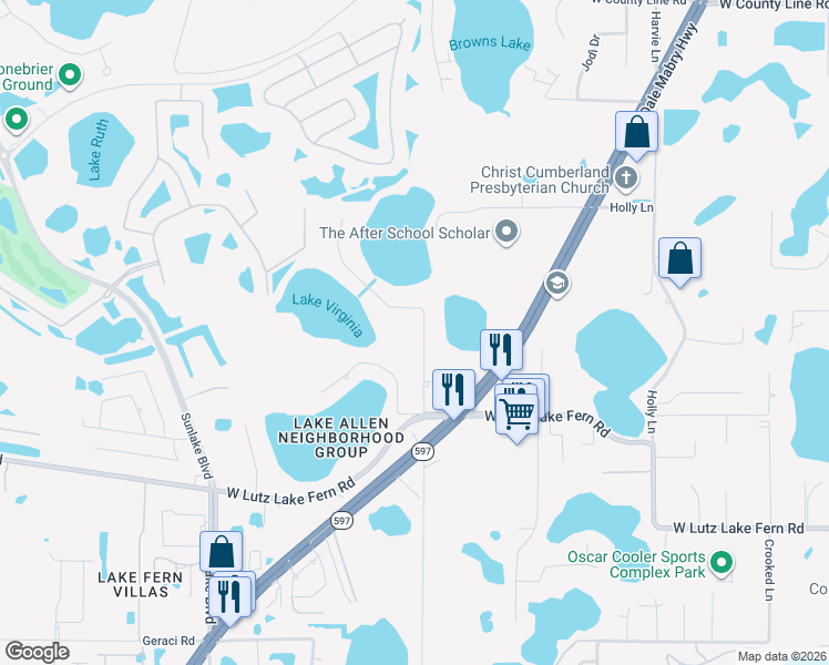 map of restaurants, bars, coffee shops, grocery stores, and more near 19219 Blount Road in Lutz