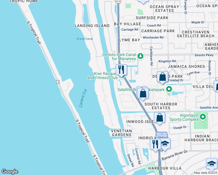 map of restaurants, bars, coffee shops, grocery stores, and more near 124 Lansing Island Drive in Satellite Beach