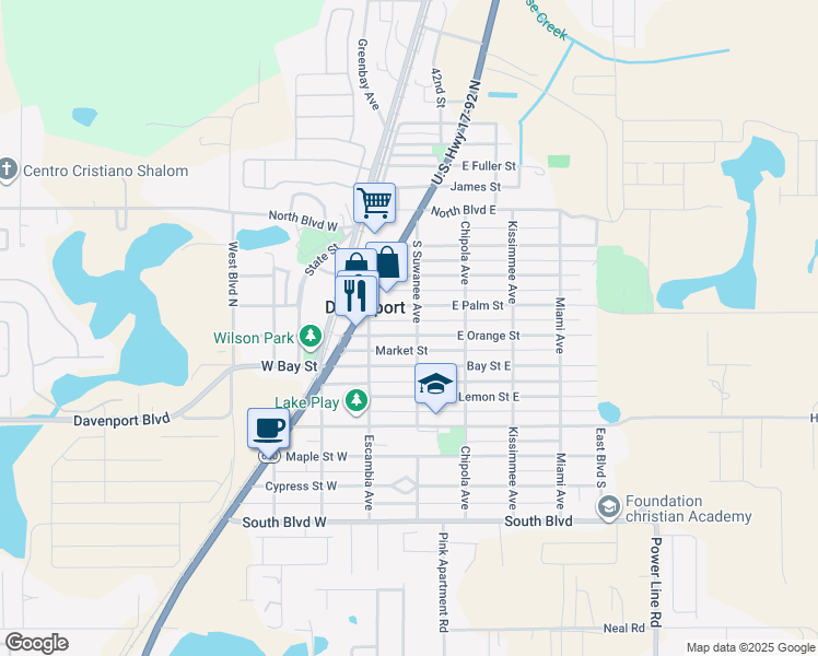map of restaurants, bars, coffee shops, grocery stores, and more near 3 Palm Street West in Davenport