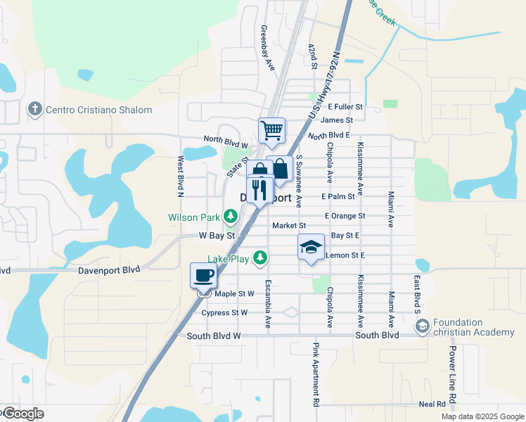 map of restaurants, bars, coffee shops, grocery stores, and more near in Davenport