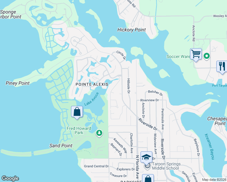 map of restaurants, bars, coffee shops, grocery stores, and more near 1010 Lake Avoca Drive in Tarpon Springs