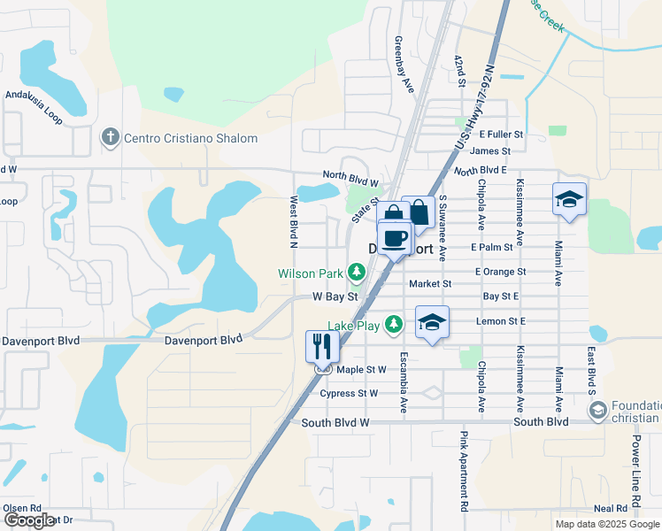 map of restaurants, bars, coffee shops, grocery stores, and more near 220 West Orange Street in Davenport