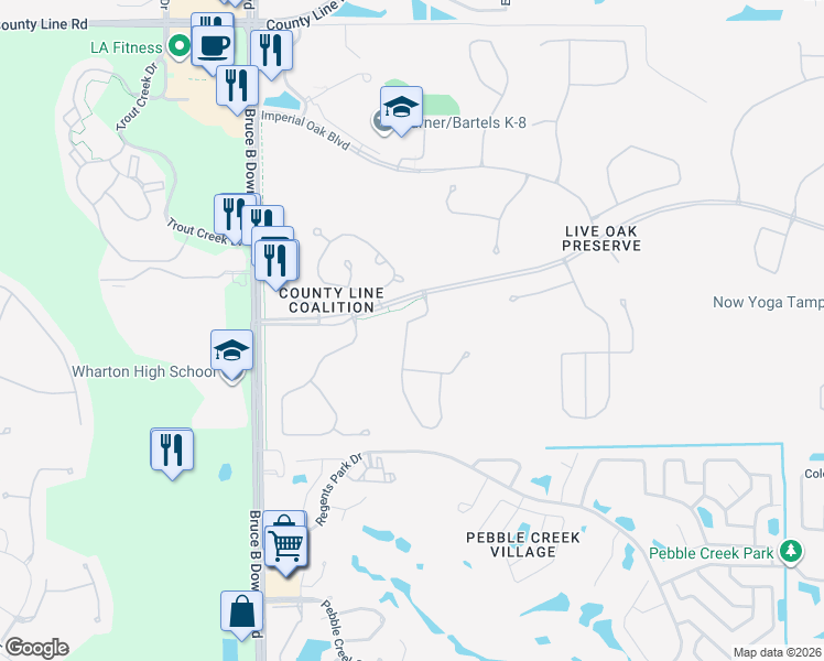 map of restaurants, bars, coffee shops, grocery stores, and more near 20133 Nob Oak Avenue in Tampa