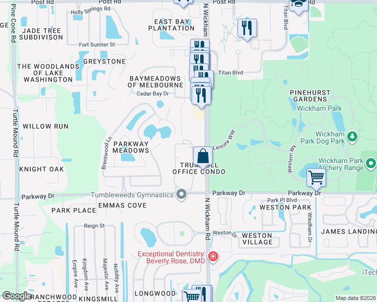 map of restaurants, bars, coffee shops, grocery stores, and more near 3226-3298 North Wickham Road in Melbourne