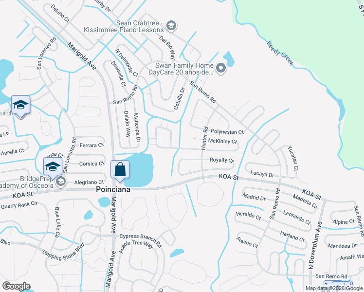 map of restaurants, bars, coffee shops, grocery stores, and more near 515 Kilimanjaro Drive in Kissimmee