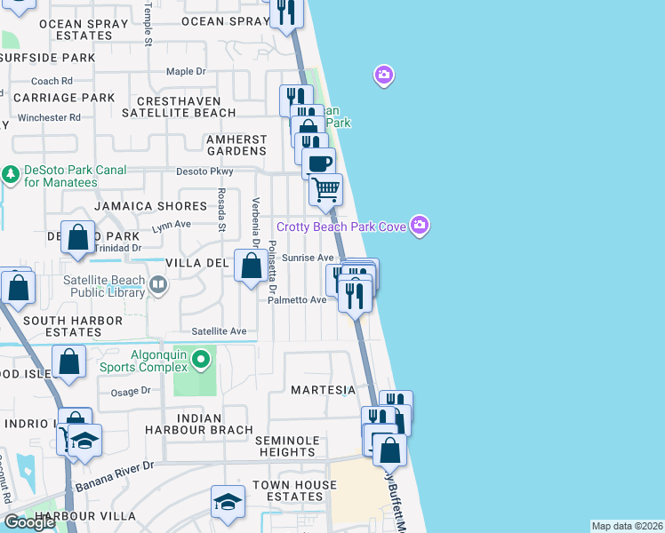 map of restaurants, bars, coffee shops, grocery stores, and more near 708 Sea Palm Lane in Satellite Beach