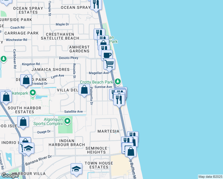 map of restaurants, bars, coffee shops, grocery stores, and more near 705 Atlantic Drive in Satellite Beach