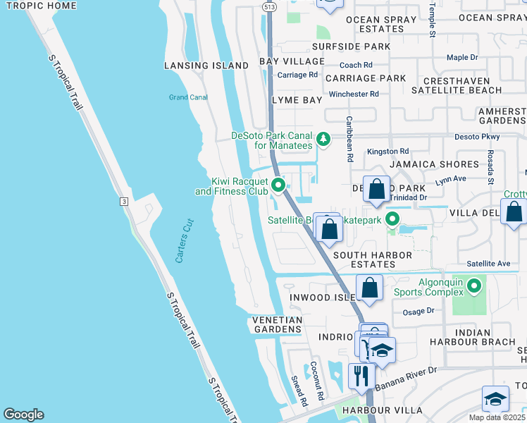 map of restaurants, bars, coffee shops, grocery stores, and more near 124 Lansing Island Drive in Satellite Beach