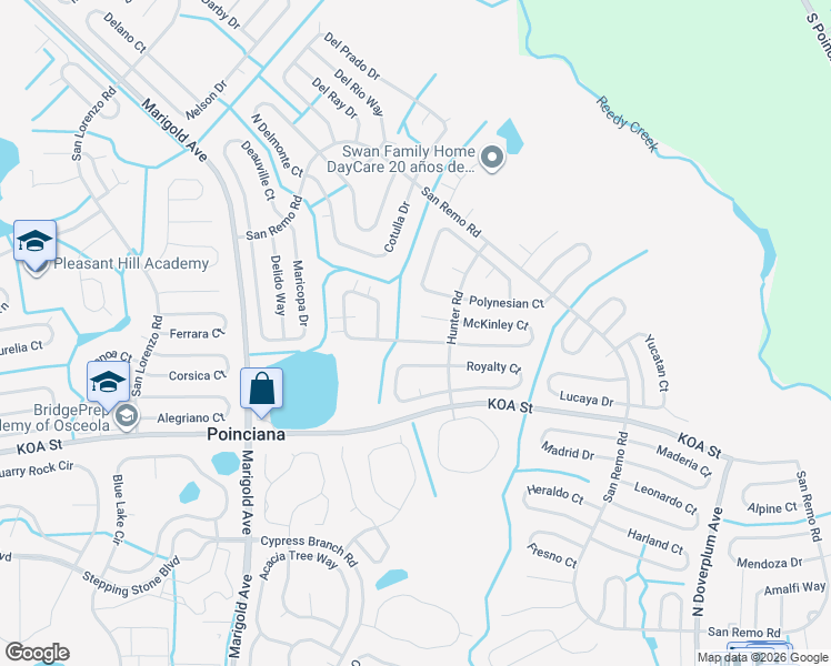 map of restaurants, bars, coffee shops, grocery stores, and more near 515 Kilimanjaro Drive in Kissimmee