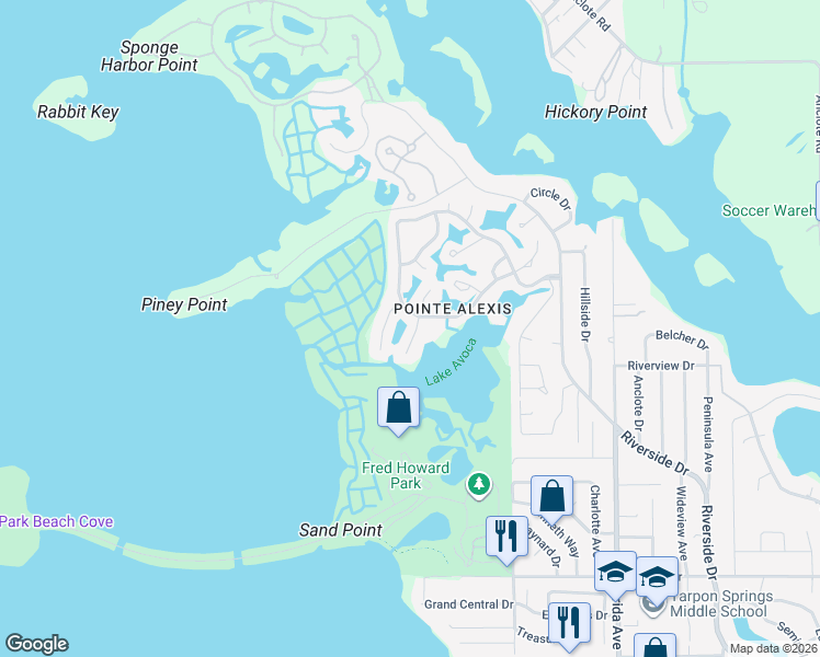 map of restaurants, bars, coffee shops, grocery stores, and more near 1037 South Pointe Alexis Drive in Tarpon Springs