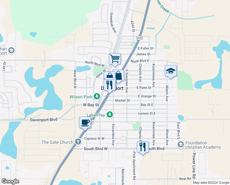 map of restaurants, bars, coffee shops, grocery stores, and more near 103 Escambia Avenue in Davenport