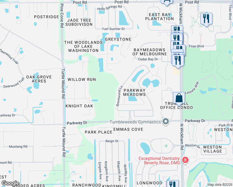 map of restaurants, bars, coffee shops, grocery stores, and more near 3205 Brentwood Lane in Melbourne