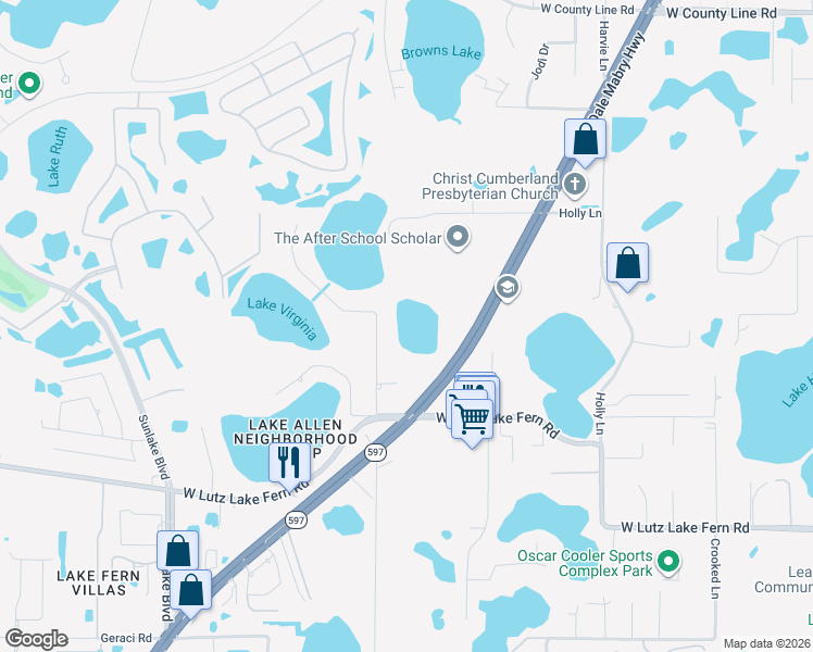 map of restaurants, bars, coffee shops, grocery stores, and more near 19219 Blount Rd in Lutz