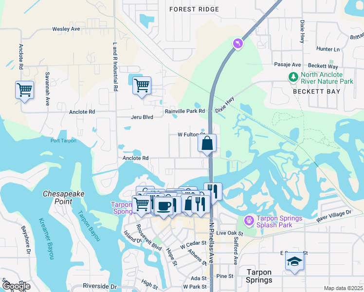 map of restaurants, bars, coffee shops, grocery stores, and more near 1252 Center Avenue in Tarpon Springs