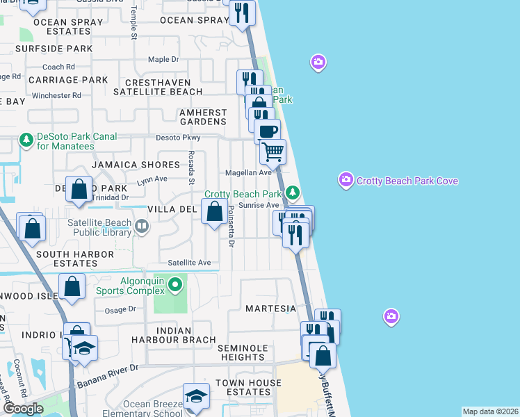 map of restaurants, bars, coffee shops, grocery stores, and more near 705 Palm Drive in Satellite Beach